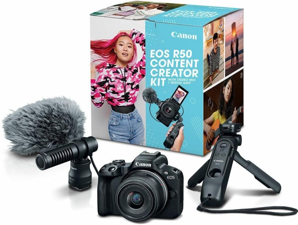 CANON Kit Créateur EOS R50 + RF-S 18-45mm f/4.5-6.3 IS STM + Micro DM-E100 + Trépied/Télécommande HG-100TBR+Carte mémoire 32 GO